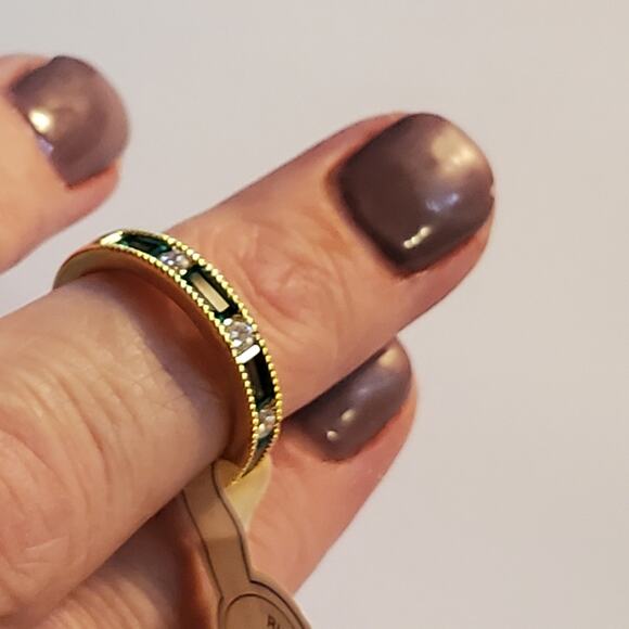 Anthropologie Brass over gold green stone Flat channel cut pattern ring Size 8 - Picture 5 of 11